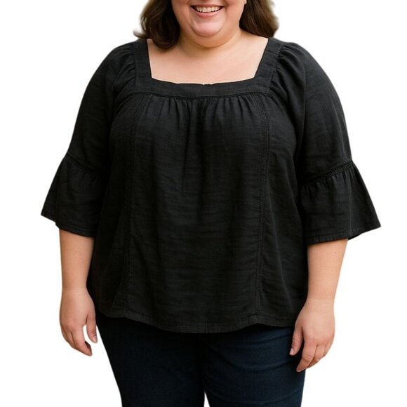 Time & Tru Black Top Size XXL (20) Square Neck Blouse Ruffled 3/4 Sleeves - Picture 1 of 7